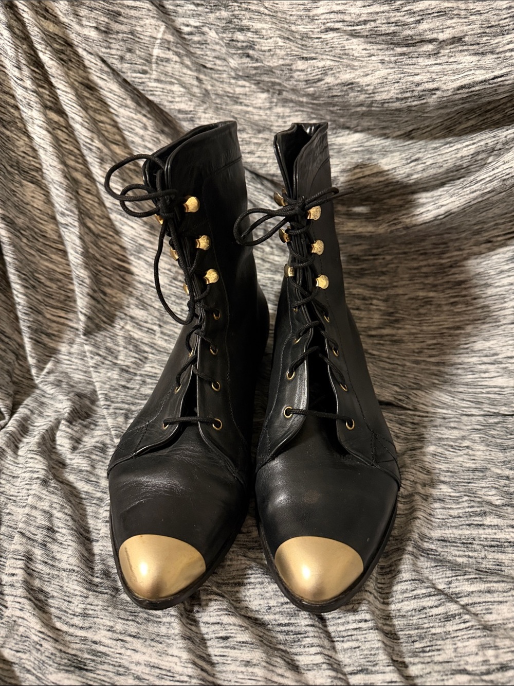 Miista Black Leather Lace-Up Ankle Boots with Gold Toe Cap and Gold Back Accent - Picture 5 of 11